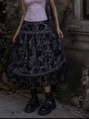 Womens DStudio Skirt Size 12 Black Velvet Burnout Floral Whimsigoth Fairy Grunge